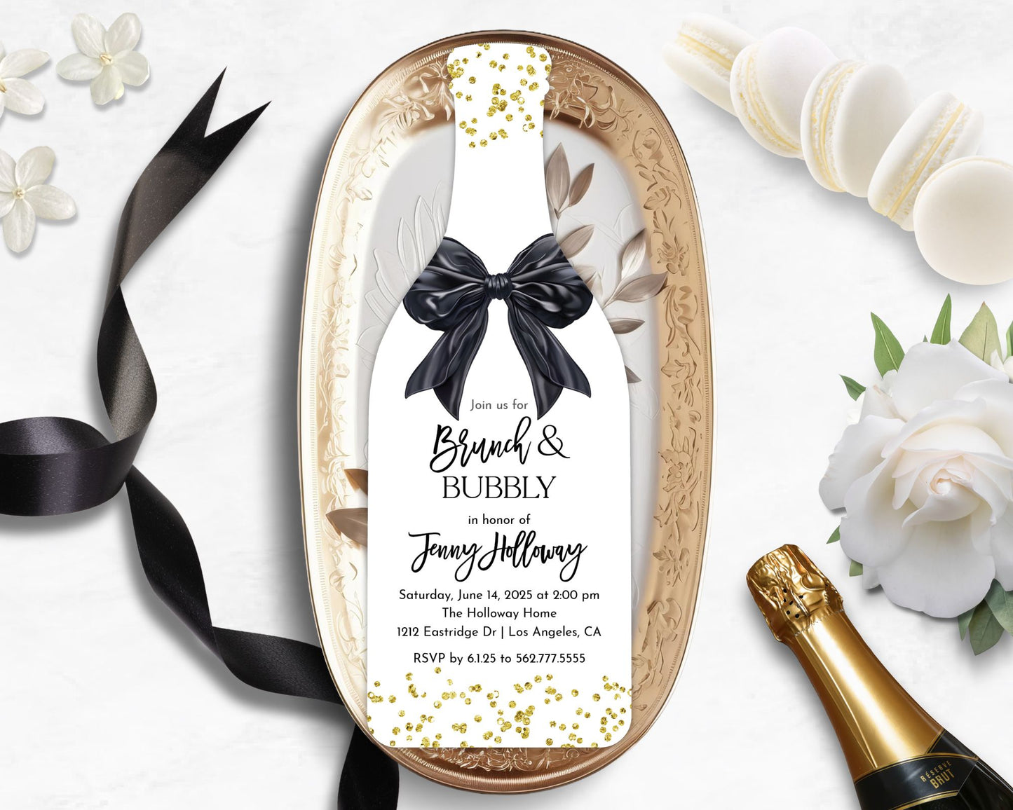 Black Bow Champagne Bottle Invite